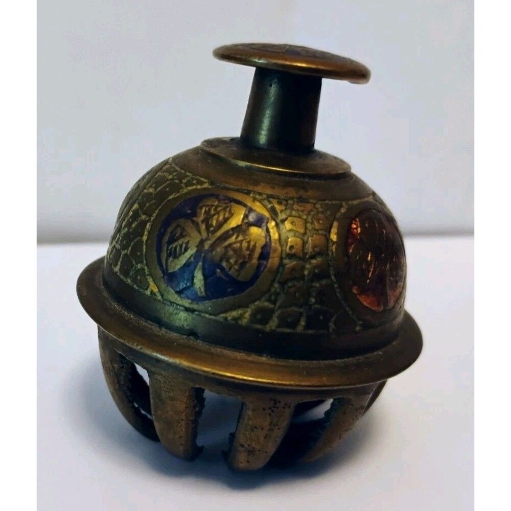 VTG Indian Brass Elephant Claw Bell Tri-Color Enamel 2" Etched Sarna Style Rings